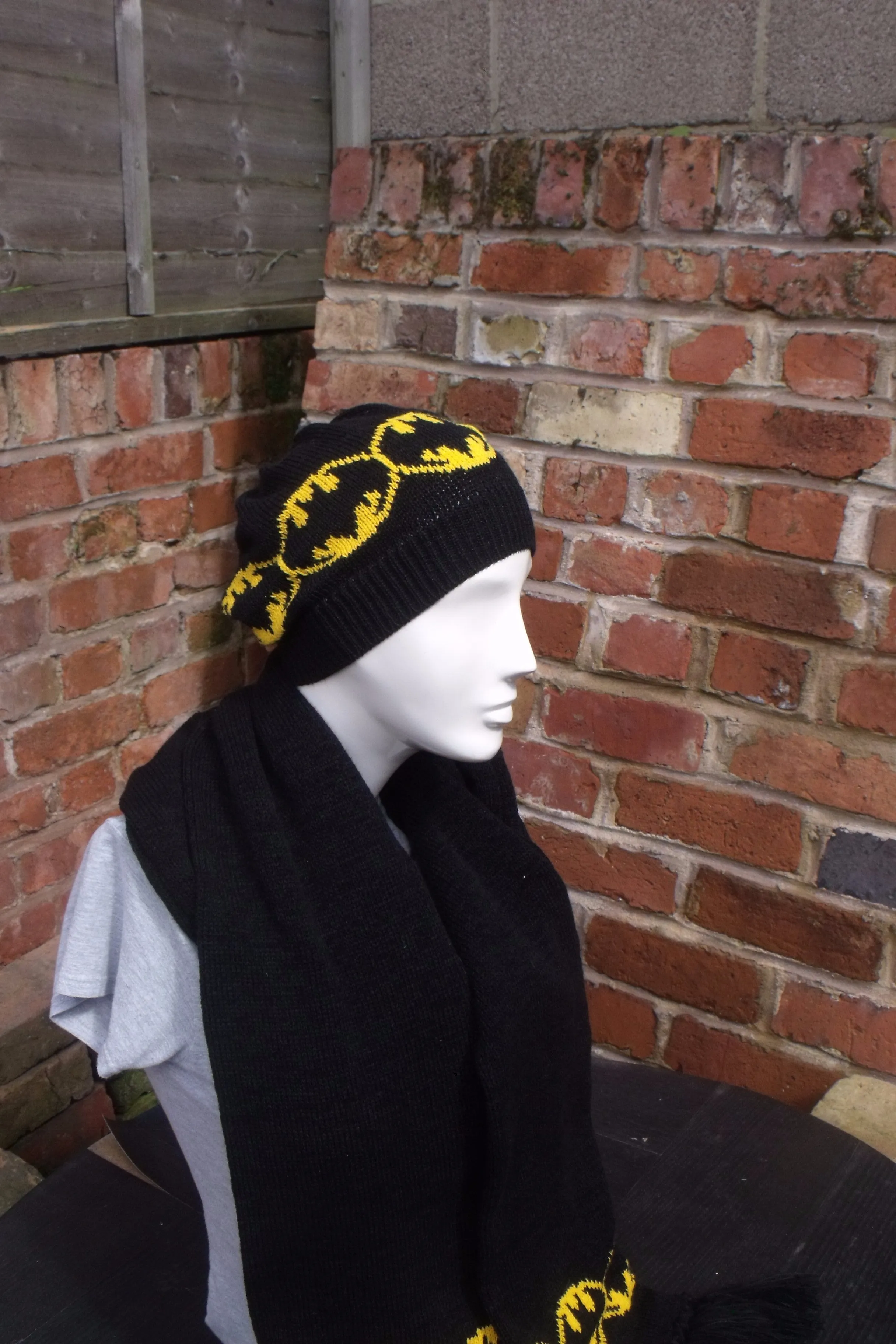 Batman Inspired, Hat and double thick 6ft Long scarf set, Black, Yellow, Super Hero