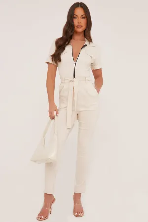 Beige Zip Front Tie Detail Utility Jumpsuit - Aliyaah