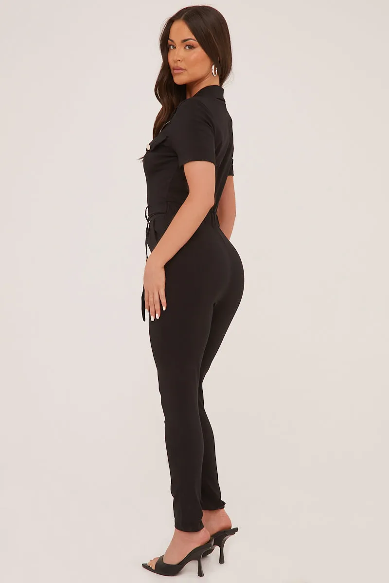 Black Zip Front Tie Detail Utility Jumpsuit - Aliyaah