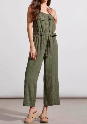 Button Front Jumpsuit with Sash and Pockets - Fern