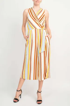 Emma & Michele V-Neck Zipper Back Mock Buckle Wrap Gaucho Print Crepe Jumpsuit