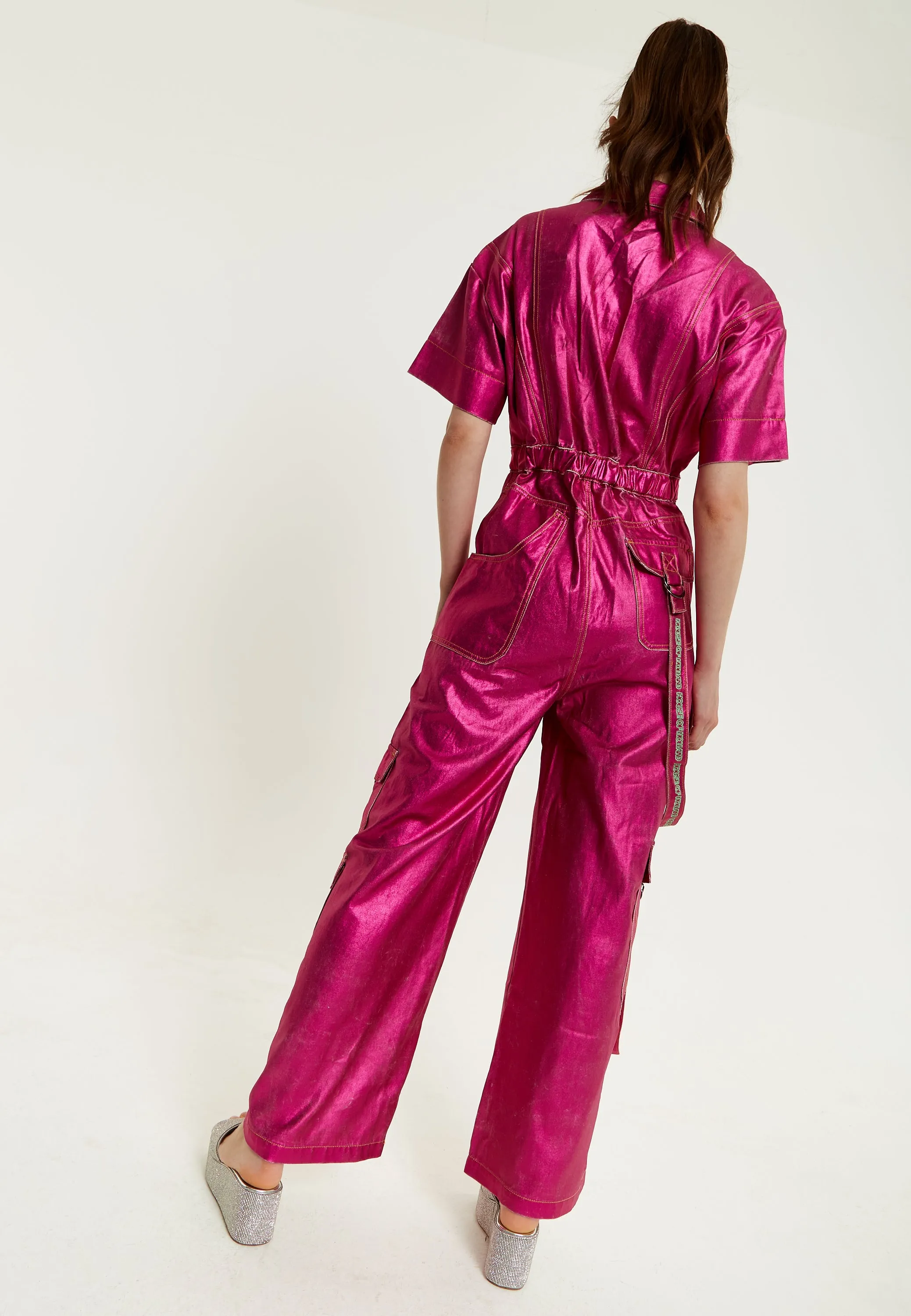 House Of Holland Metallic Utility Jumpsuit In Fuchsia