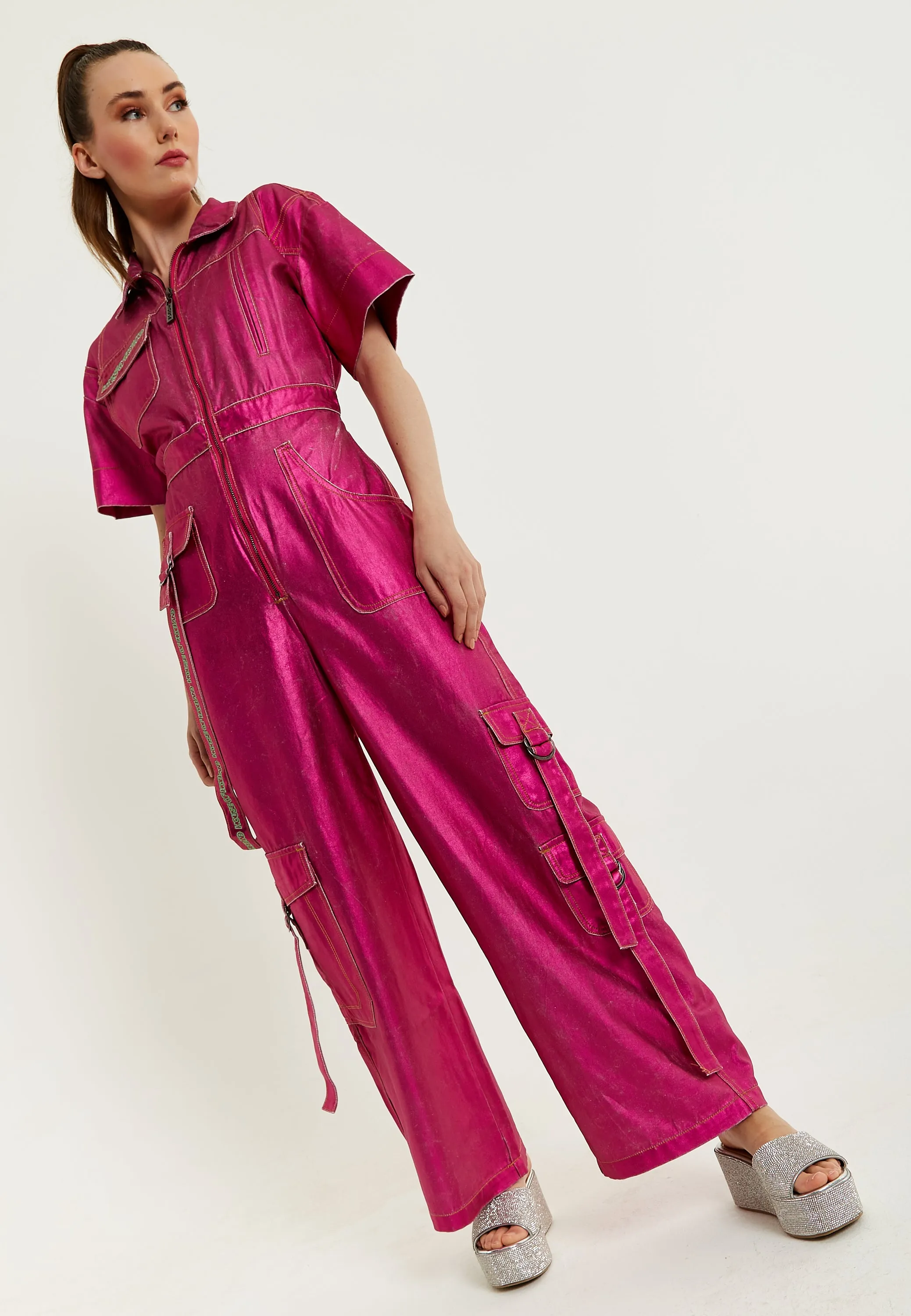 House Of Holland Metallic Utility Jumpsuit In Fuchsia