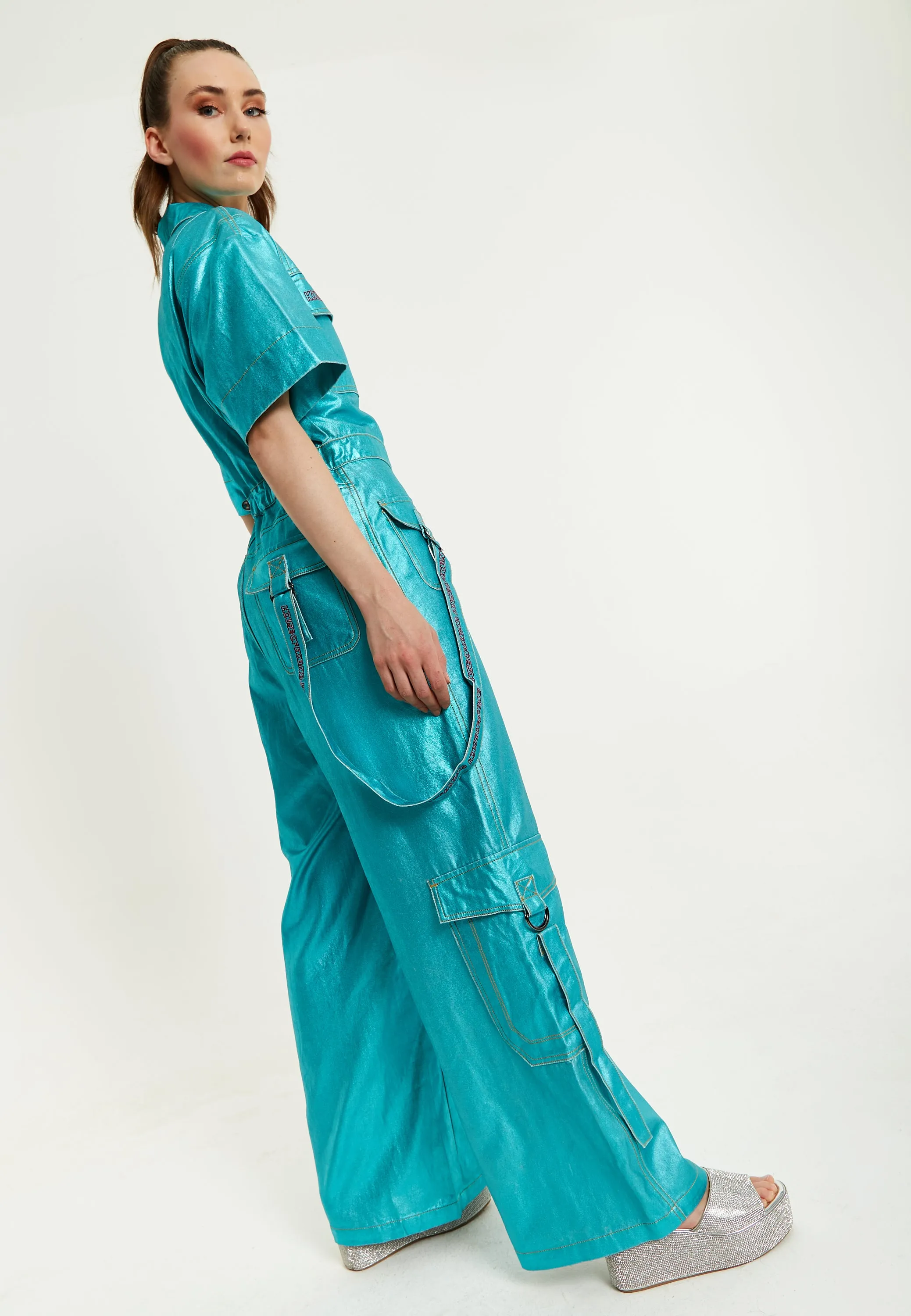 House Of Holland Metallic Utility Jumpsuit In Turquoise