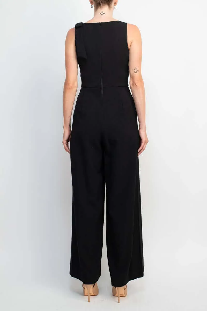 Julia Jordan Boat Neck Sleeveless Bow Shoulder Zipper Back Solid Crepe Jumpsuit