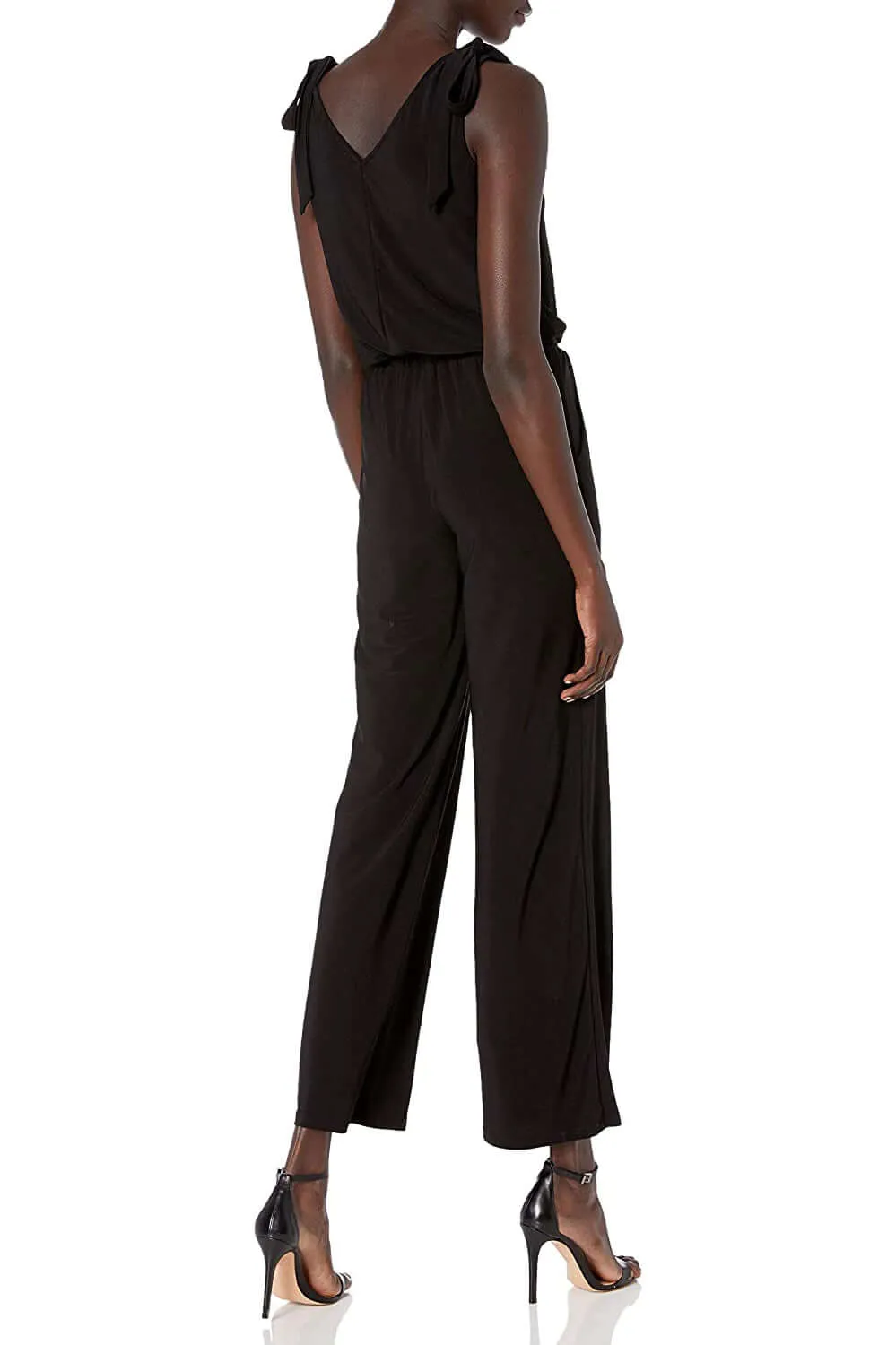 Laundry V-Neck Tie Shoulder Blouson Elastic Waist Solid Jumpsuit