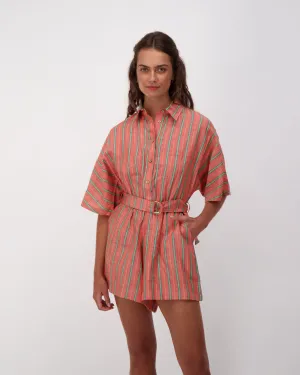 Linen Blend Cinched Waist Utility Romper