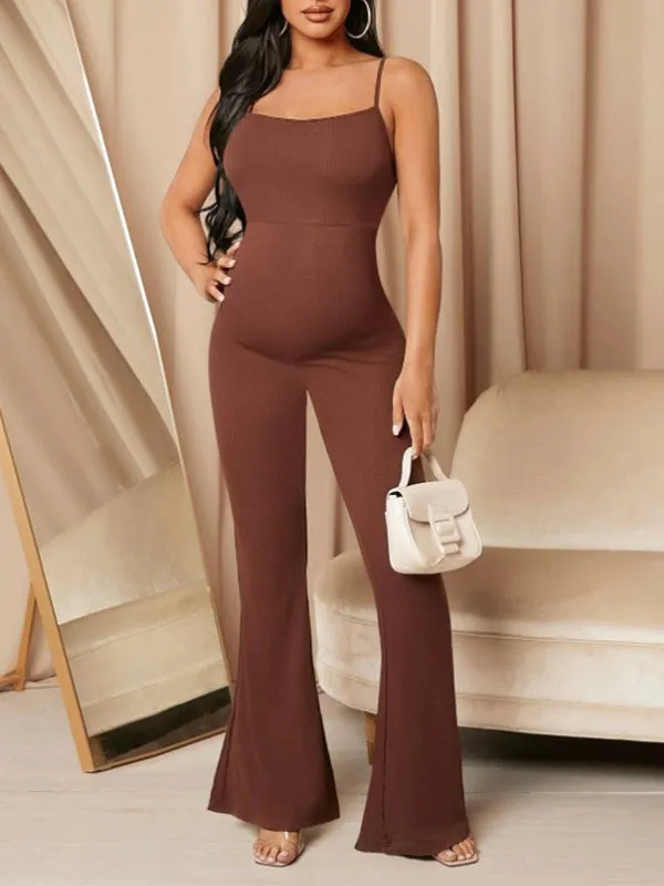 Momnfancy Spaghetti Strap Bodycon Flare Bell Bottom Fashion Modern Chic Maternity Jumpsuit