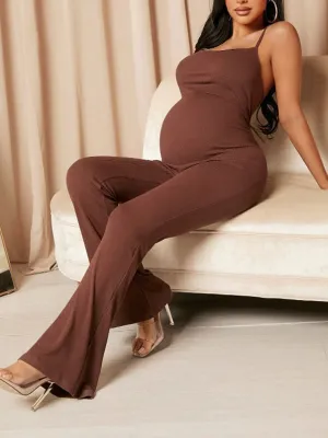 Momnfancy Spaghetti Strap Bodycon Flare Bell Bottom Fashion Modern Chic Maternity Jumpsuit