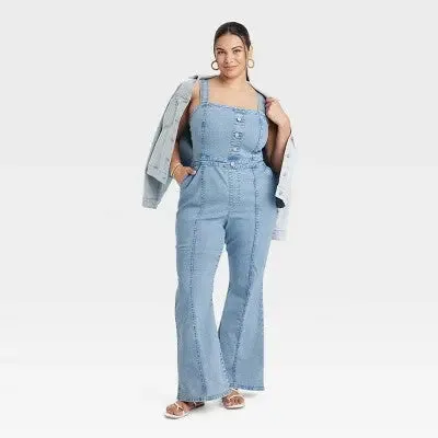 New - Ava & Viv Women's Denim Flare Jumpsuits Sleeveless Overalls