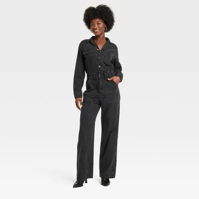 New - Women's Long Sleeve Utility Baggy Denim Jumpsuit - Universal Thread Black 16