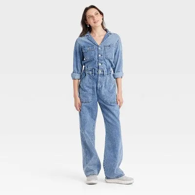 New - Women's Long Sleeve Utility Baggy Denim Jumpsuit - Universal Thread