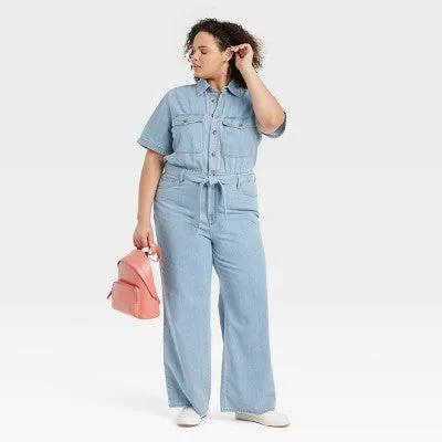 New - Women's Short Sleeve Jumpsuit - Universal Thread™ Light Wash 22