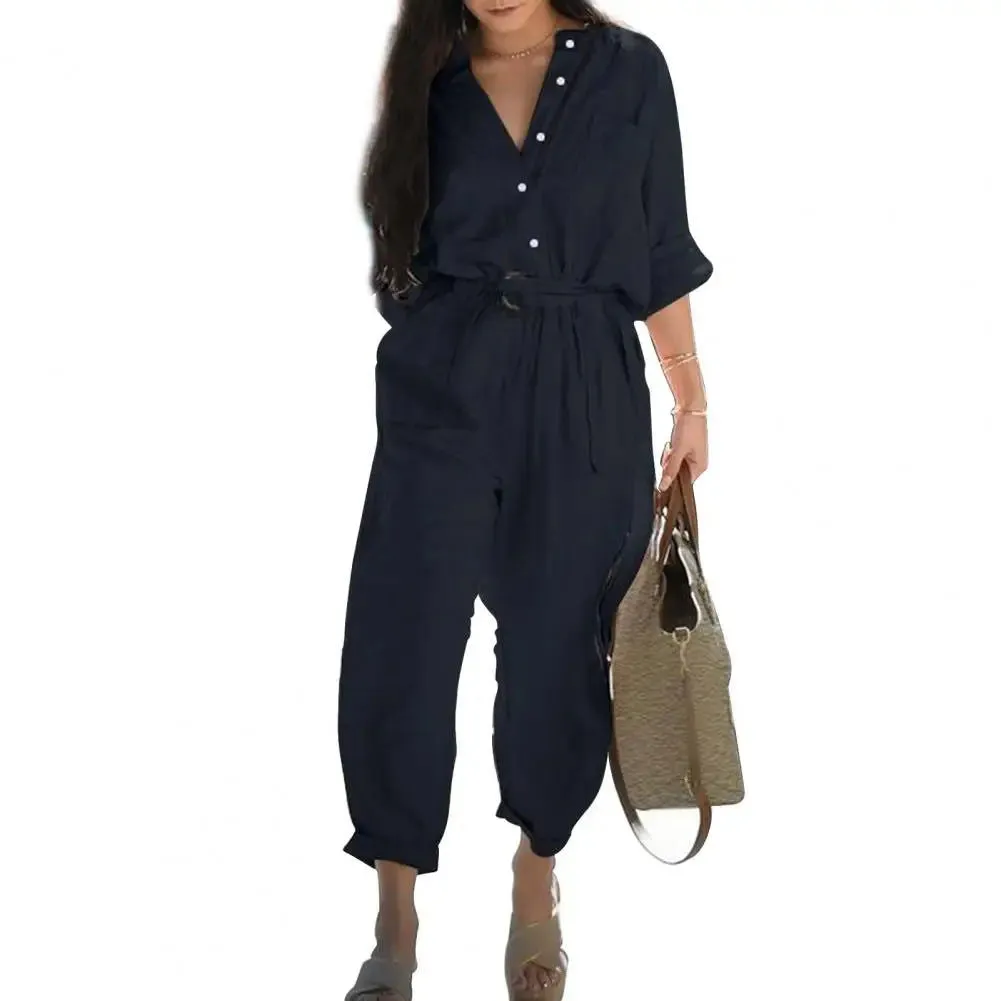 Office Lady Button High Waist Cotton Linen Cargo Jumpsuits