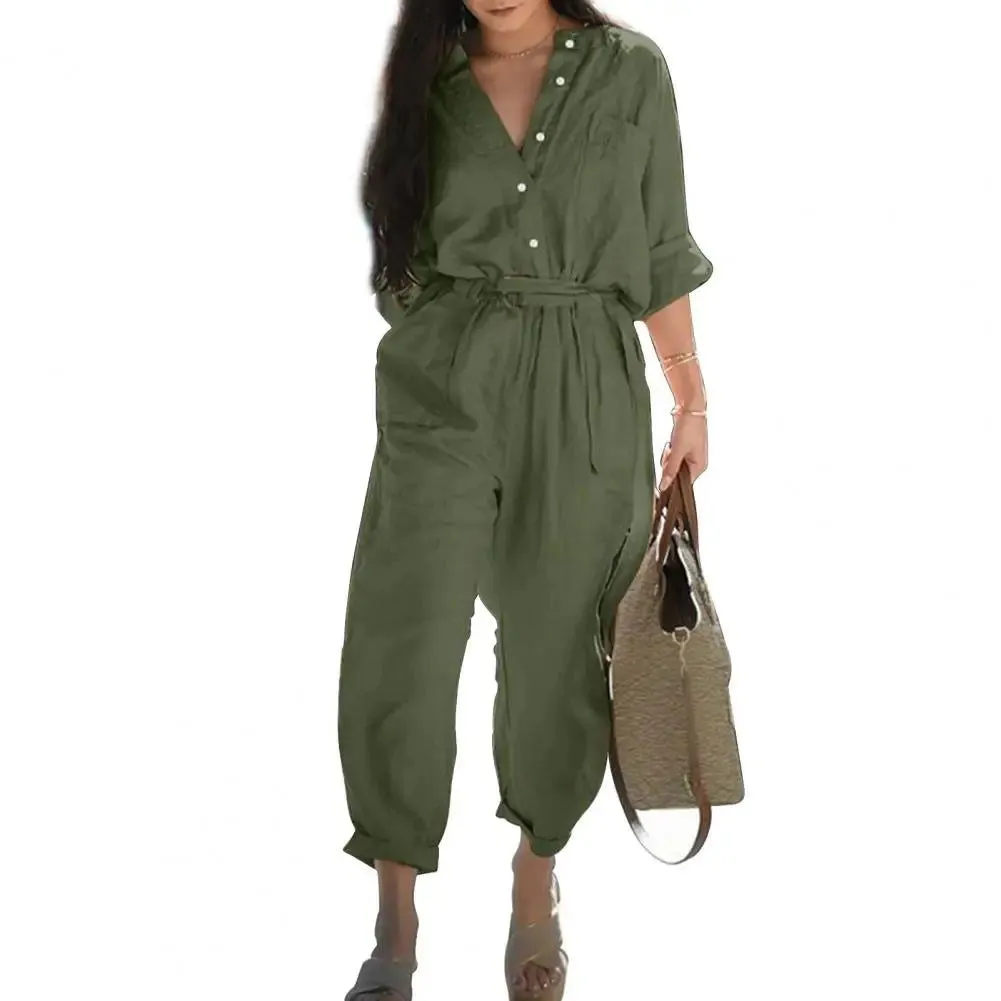 Office Lady Button High Waist Cotton Linen Cargo Jumpsuits