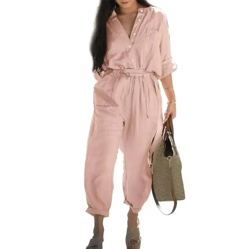 Office Lady Button High Waist Cotton Linen Cargo Jumpsuits