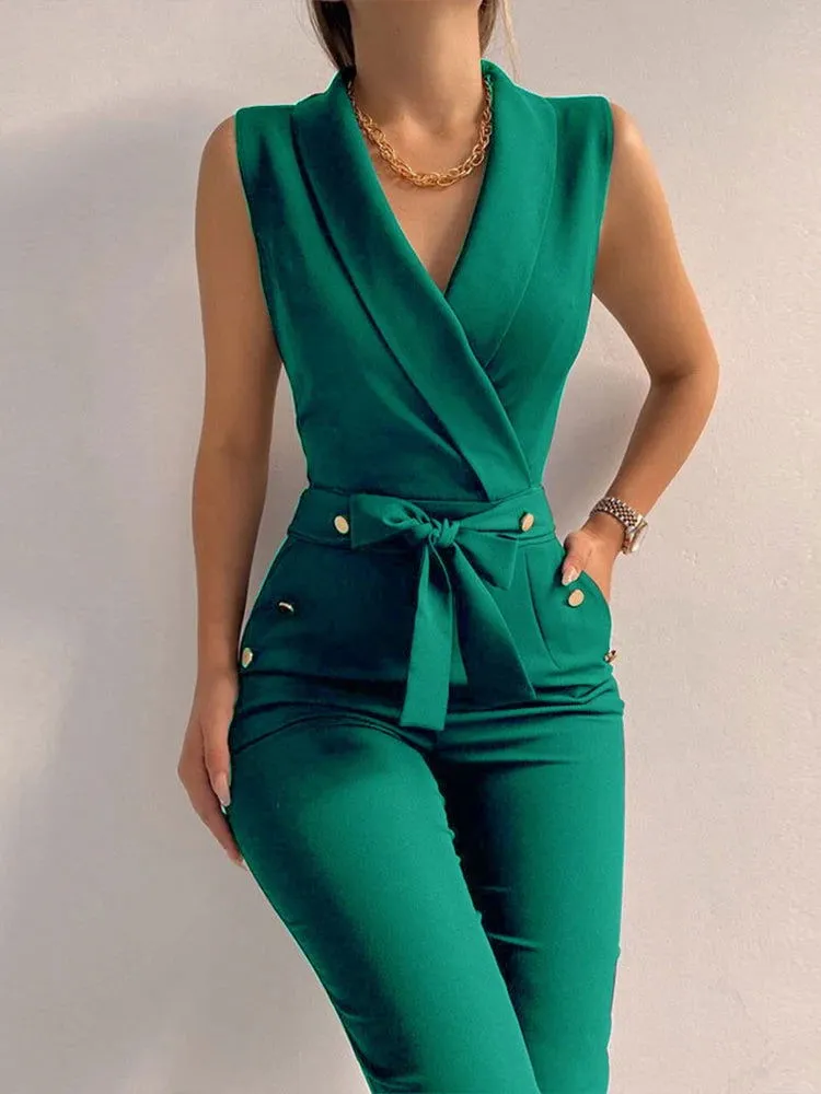 Office Wear Deep V-Neck Button Decor Bodycon Women's Jumpsuits