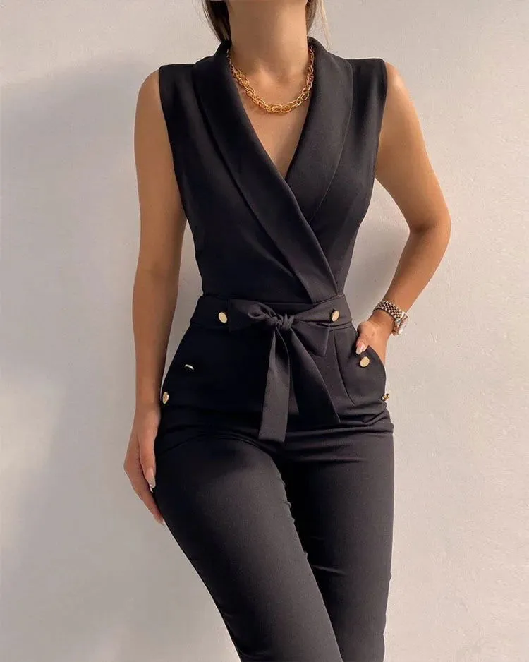 Office Wear Deep V-Neck Button Decor Bodycon Women's Jumpsuits