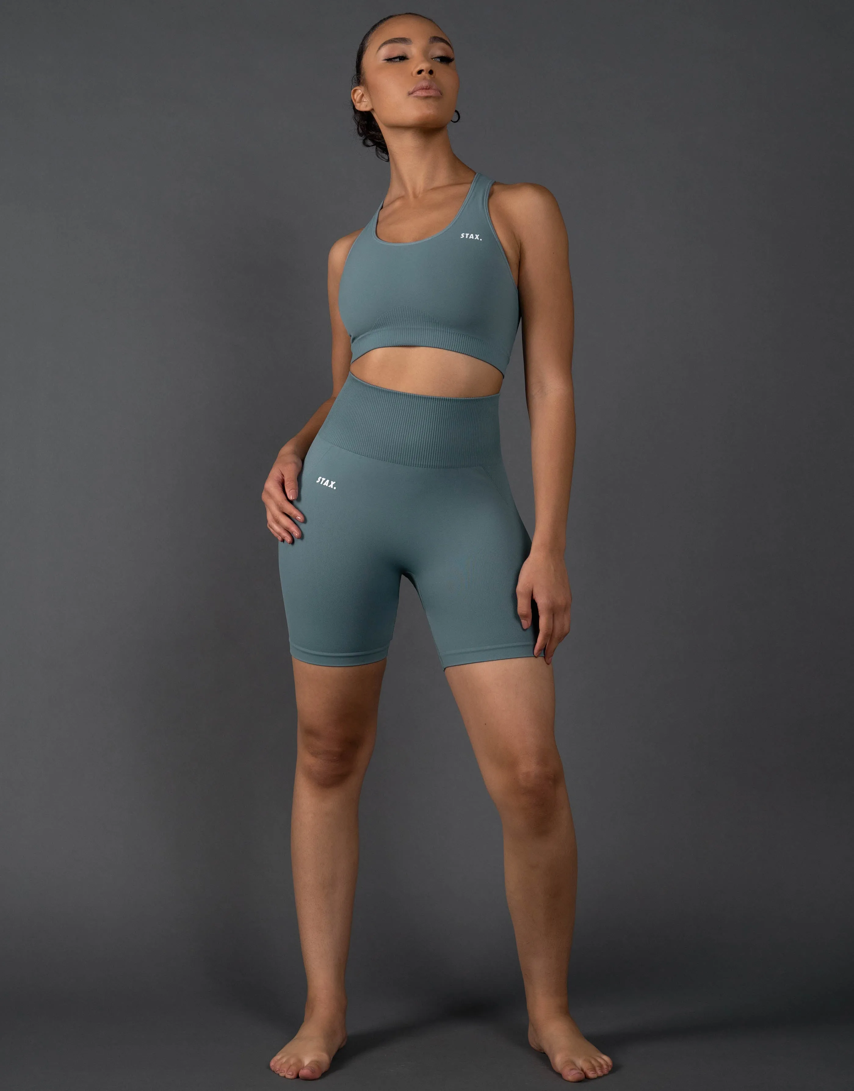 Premium Seamless Midi Bike Shorts V5.1 - Mist (Blue/Grey)