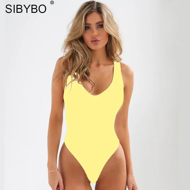 Sibybo 2017 Sexy Chic Backless Bodysuit  Women Black / White  Deep V Neck Summer Bodycon Bodysuit Rompers Womens Jumpsuit