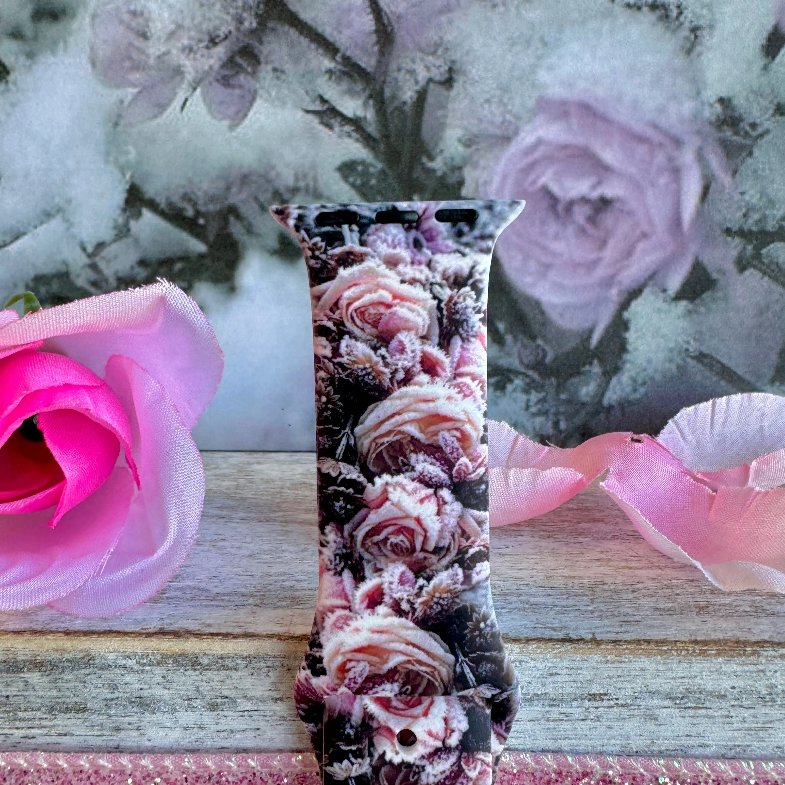 Snow-Kissed Roses Print Silicone Band For Apple Watch