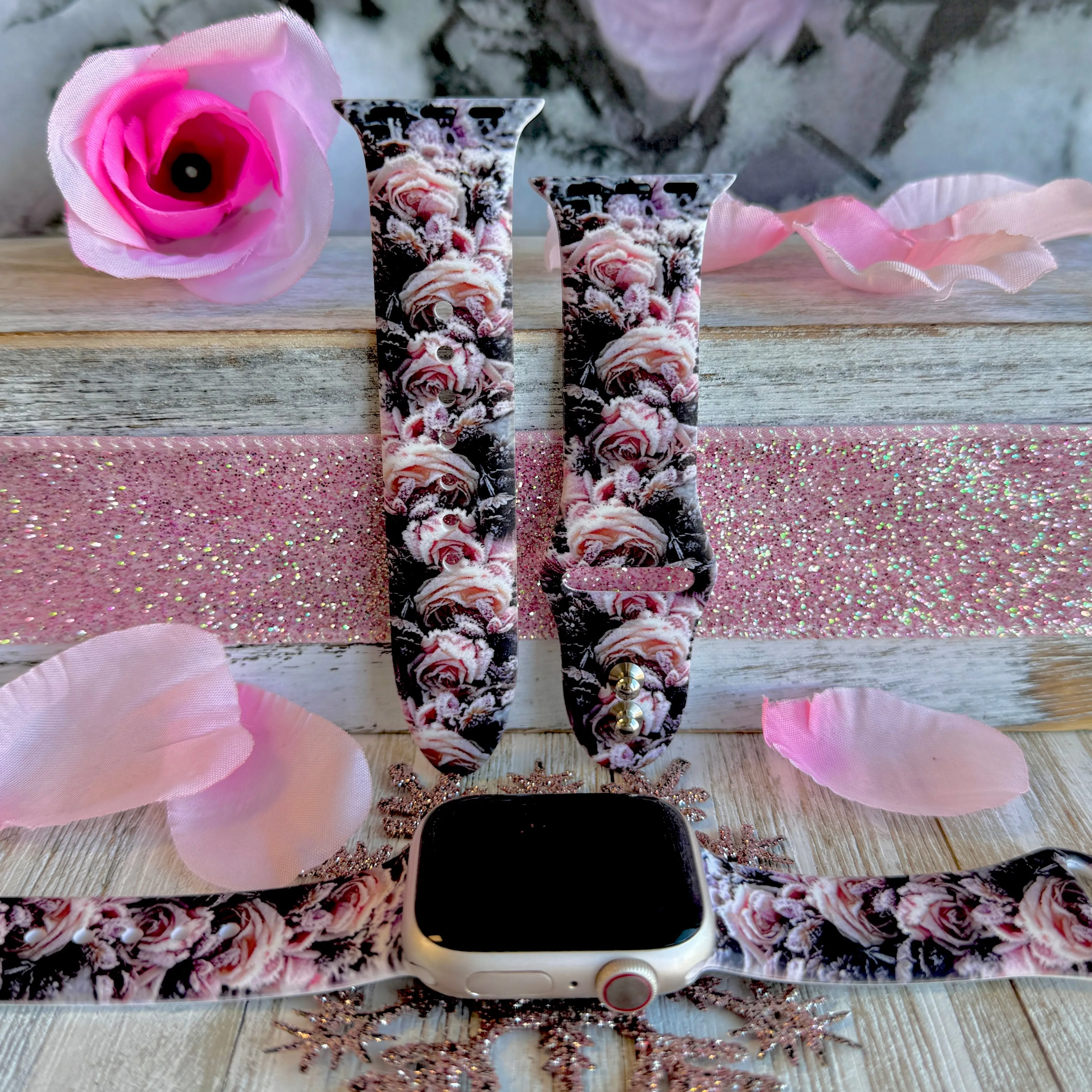 Snow-Kissed Roses Print Silicone Band For Apple Watch