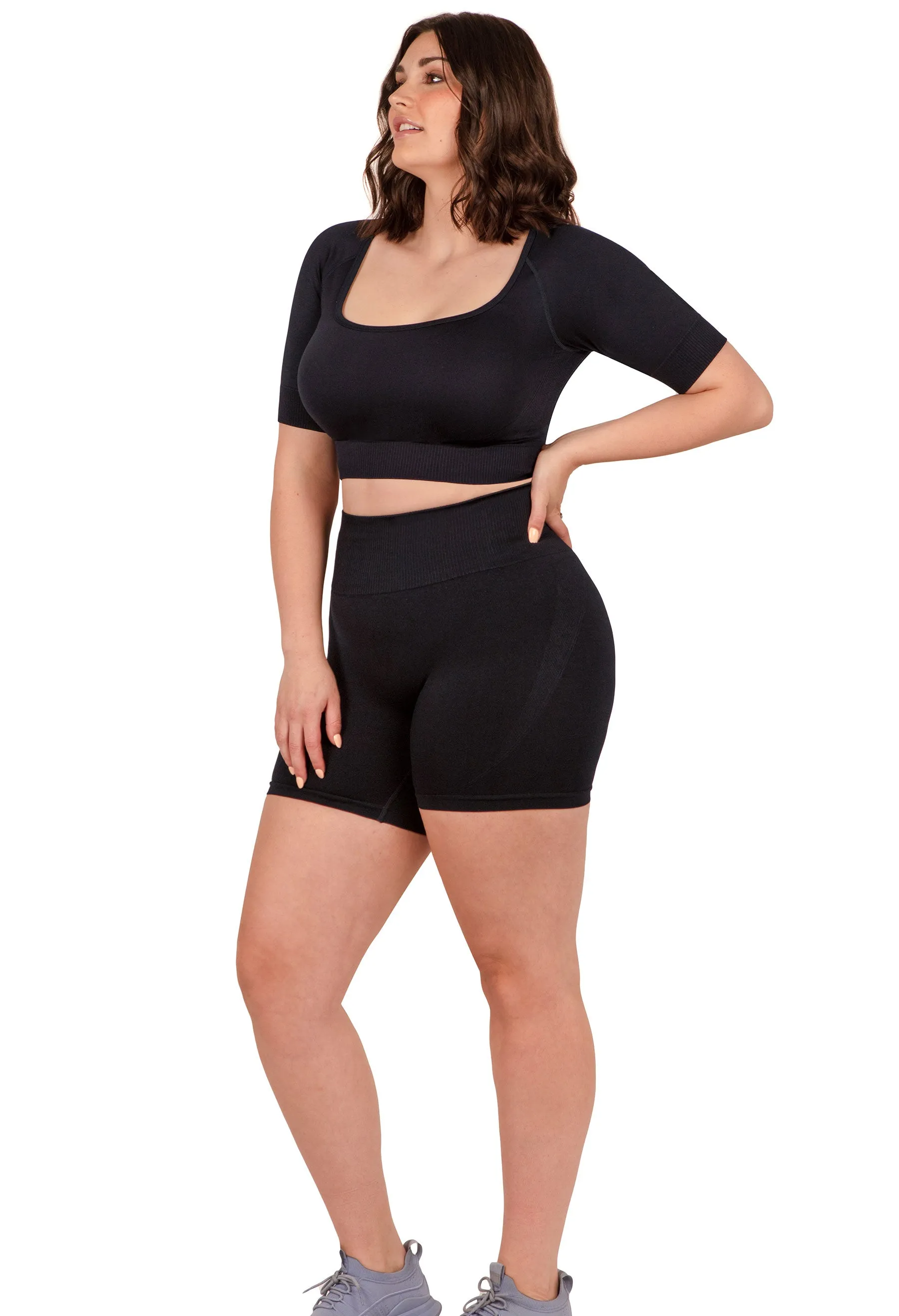 Square Neck Short Sleeve Crop Top and Seamless High Waist Midi Biker Shorts Set