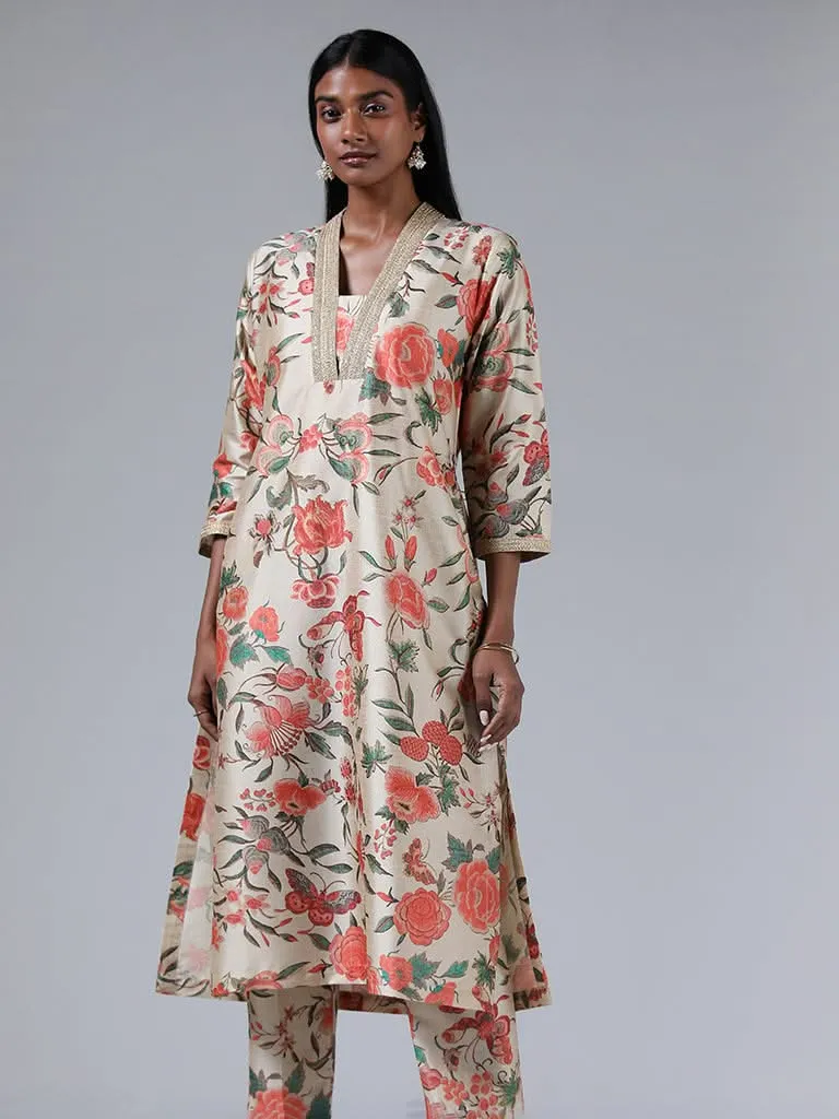 Vark Beige Nature Printed Kurta and Pants Set