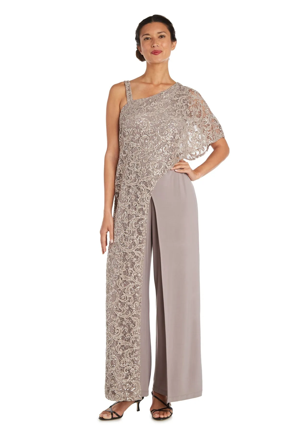 Women's Lace and Sequin Embellished Asymmetric Evening Jumpsuit