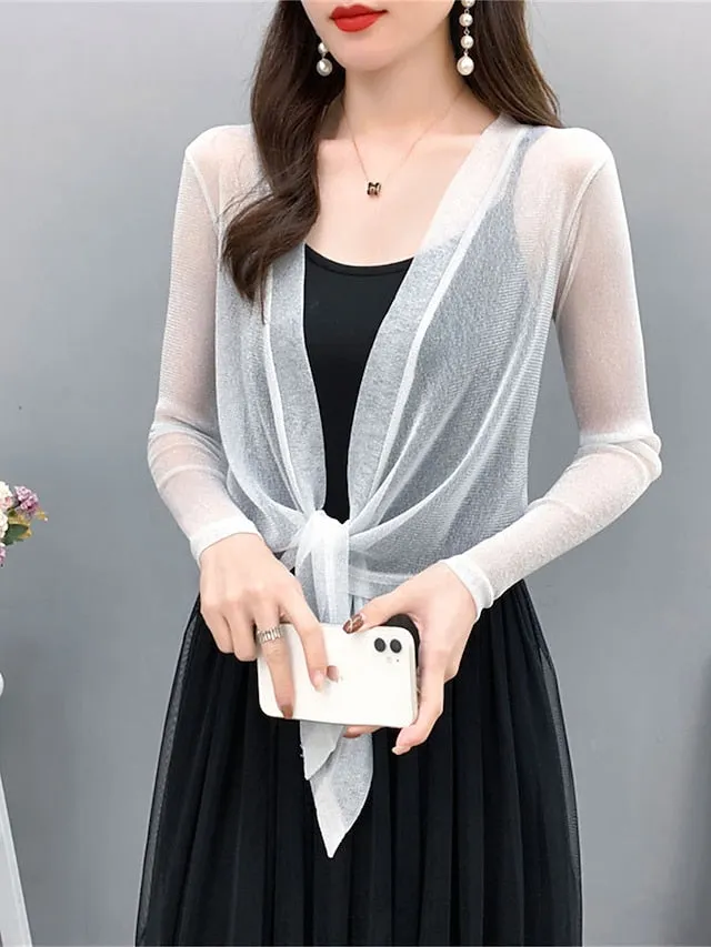 Women's Shrug Jumper Ribbed Knit Lace up Glitter Solid Color V Neck Shrugs Stylish Outdoor Daily Summer Spring Black White M L XL