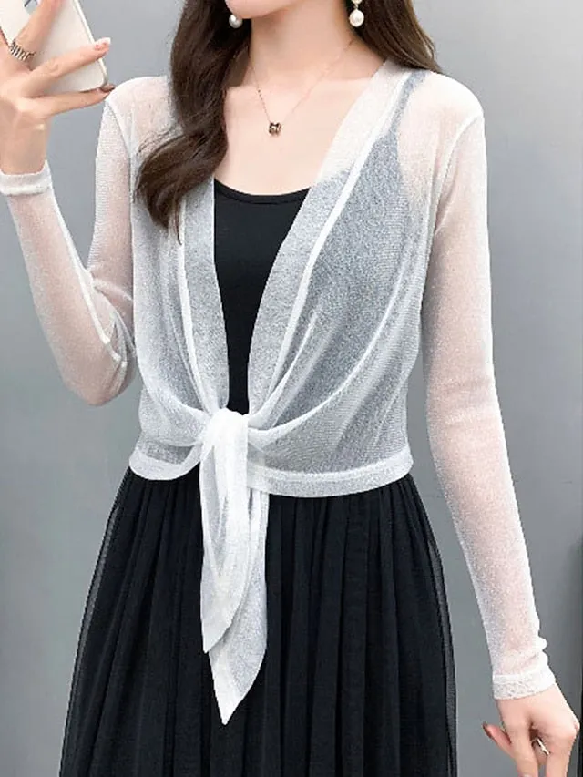 Women's Shrug Jumper Ribbed Knit Lace up Glitter Solid Color V Neck Shrugs Stylish Outdoor Daily Summer Spring Black White M L XL