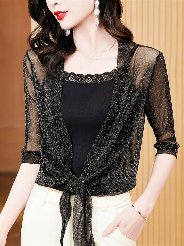 Women's Shrug Jumper Ribbed Knit Lace up Glitter Solid Color V Neck Shrugs Stylish Outdoor Daily Summer Spring Black White M L XL