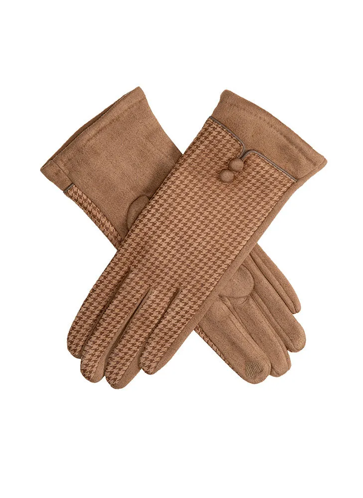 Women’s Touchscreen Velour-Lined Faux Suede Gloves with Dogtooth Print